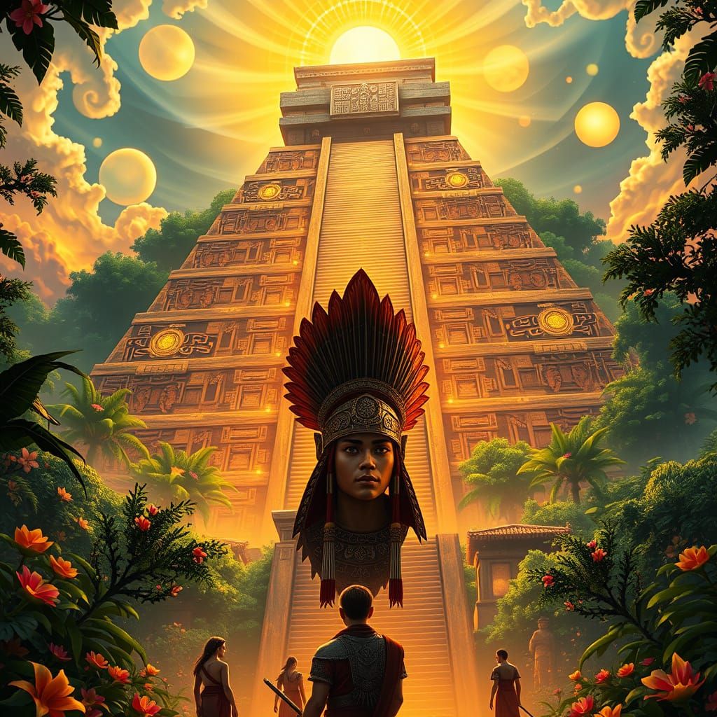 Mystical Aztec Pyramid in a Vibrant Jungle Scene