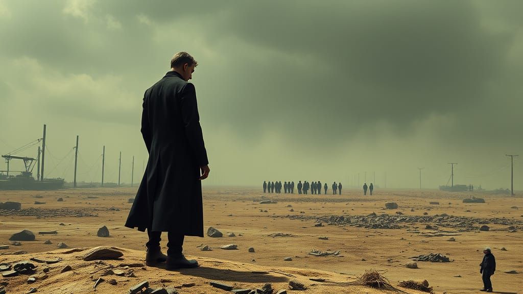 Post-Apocalyptic Figure in Surreal Dystopian Landscape
