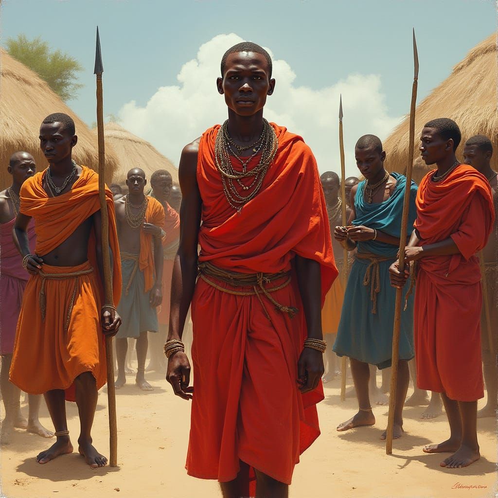 Maasai Village Drama in Fantasy Art Style