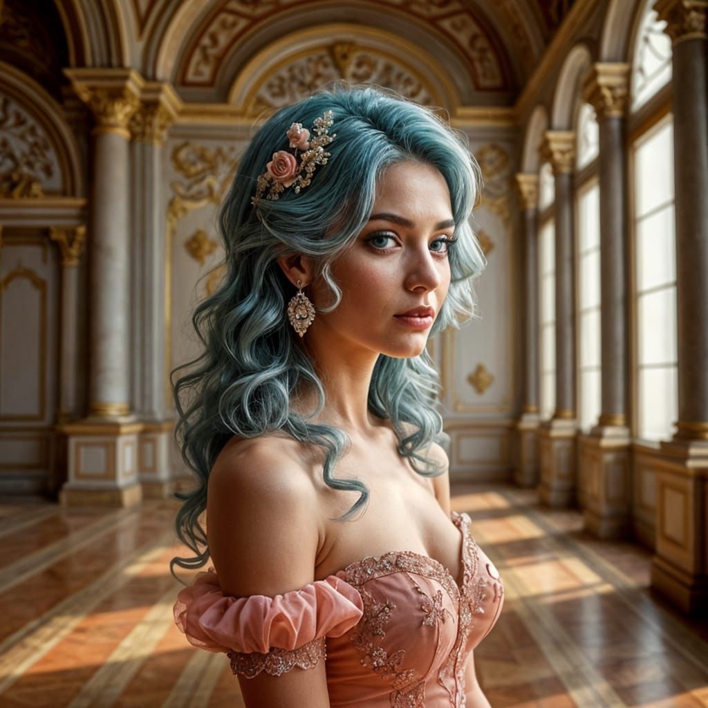 Ethereal Baroque Lady in Soft Pink Gown