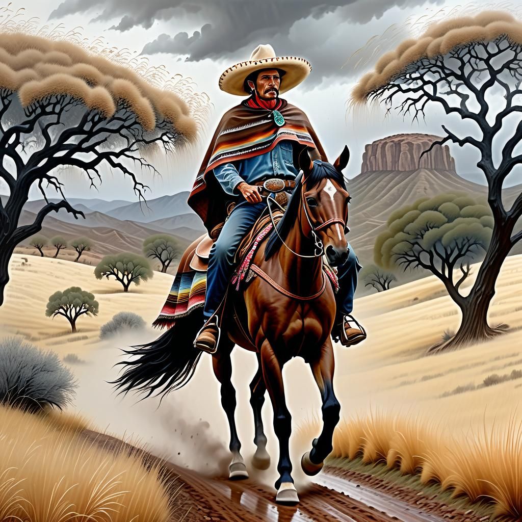 Vaquero on Horseback in Rainy Landscape