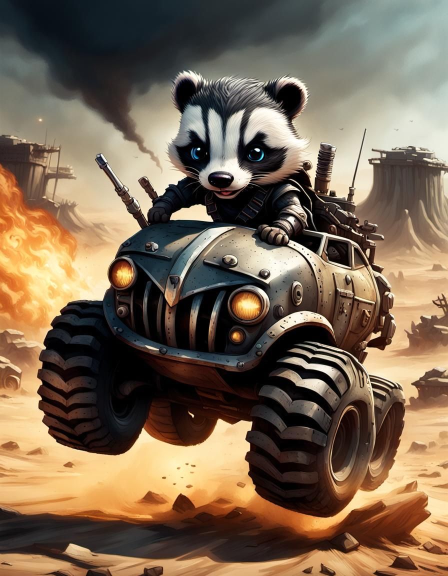 Chibi Badger Races Heart Tank in Apocalyptic Wasteland