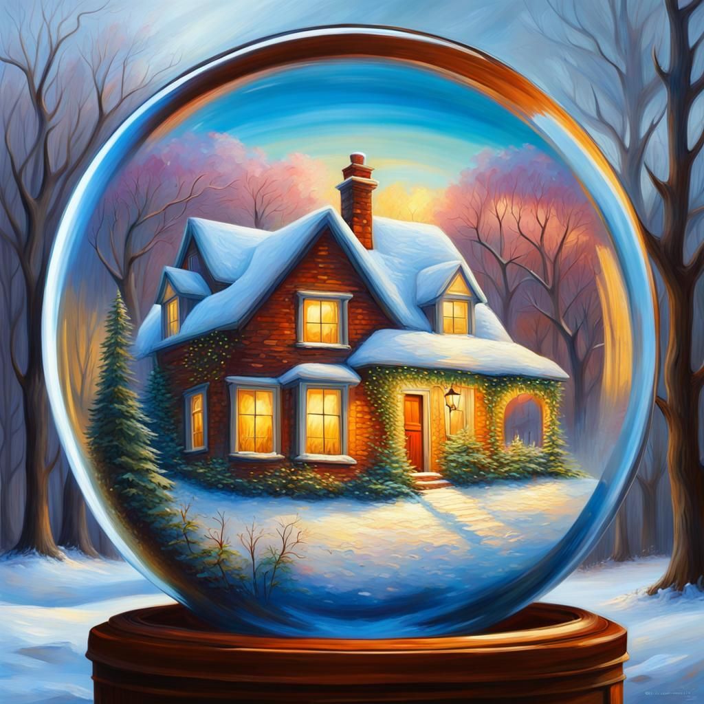 Winter Cottage in Glass Sphere: Impressionistic Oil Painting