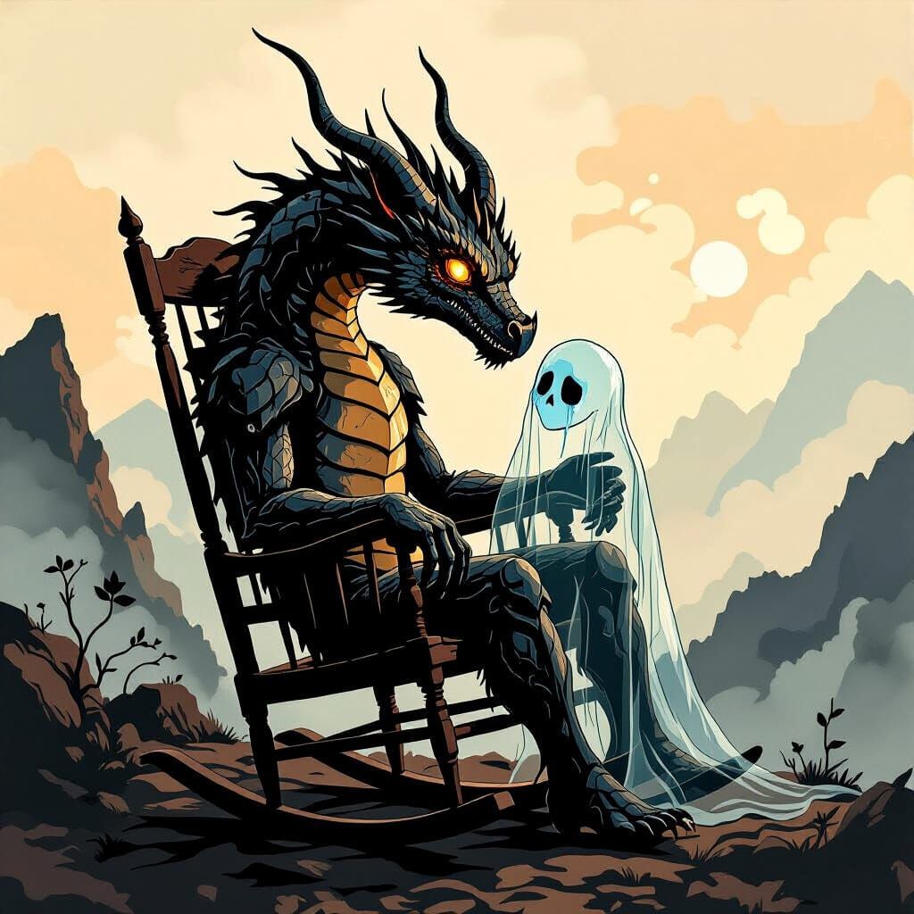 Dragon Comforting Ghost: Egon Schiele-Inspired Ink Sketch