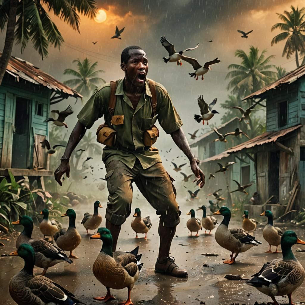 Surreal Duck Attack in Misty Village