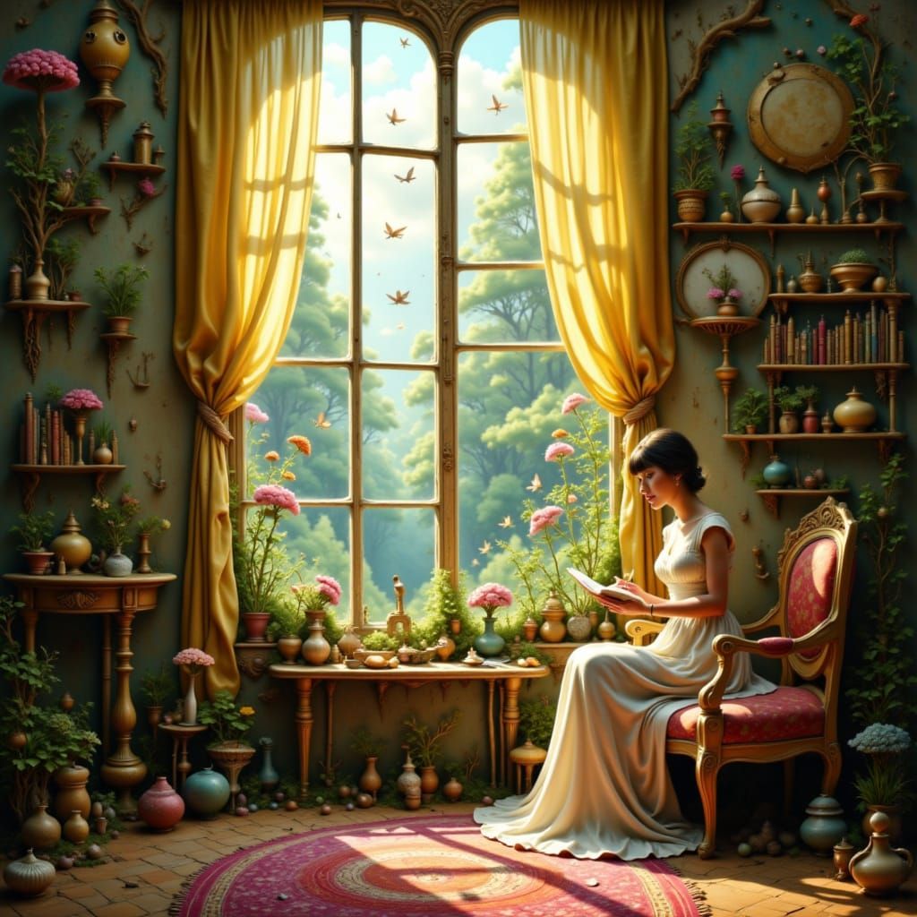 Serene Woman Journaling in Sunlit Dawn Room