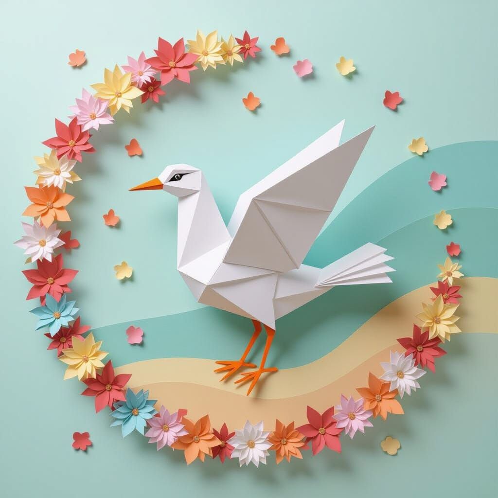 Origami Seagull on Paper Beach in Surreal Style