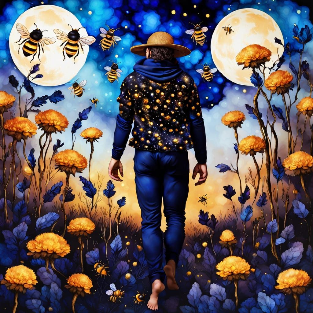 Indigo Alcohol Ink Portrait of Bee Man in Garden