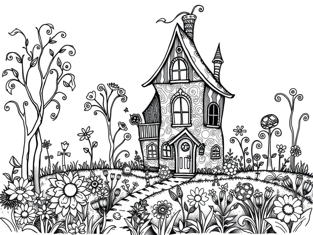 Zentangle Garden and Whimsical House in Tattoo Lineart
