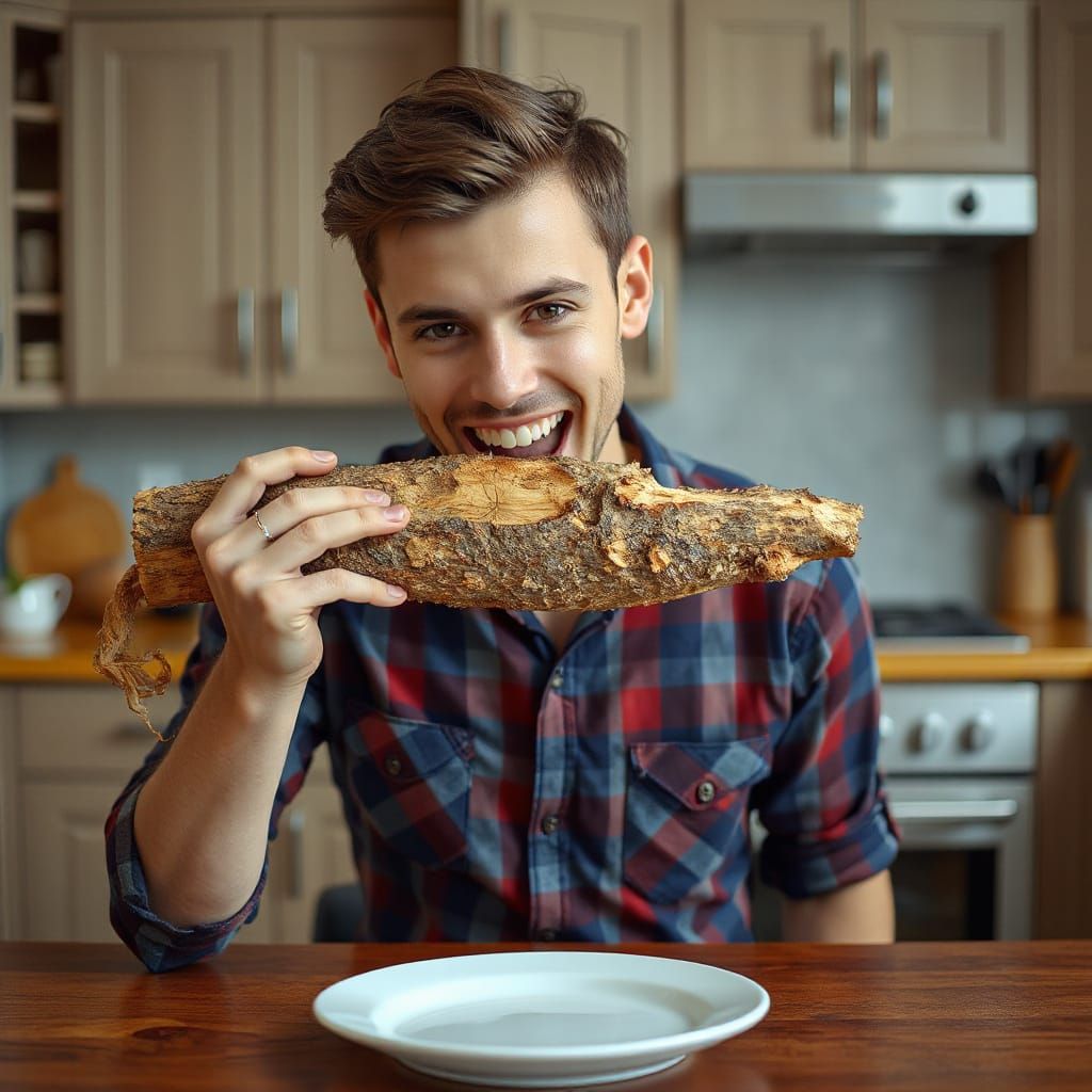Hyperrealistic Man Bites Log in Kitchen