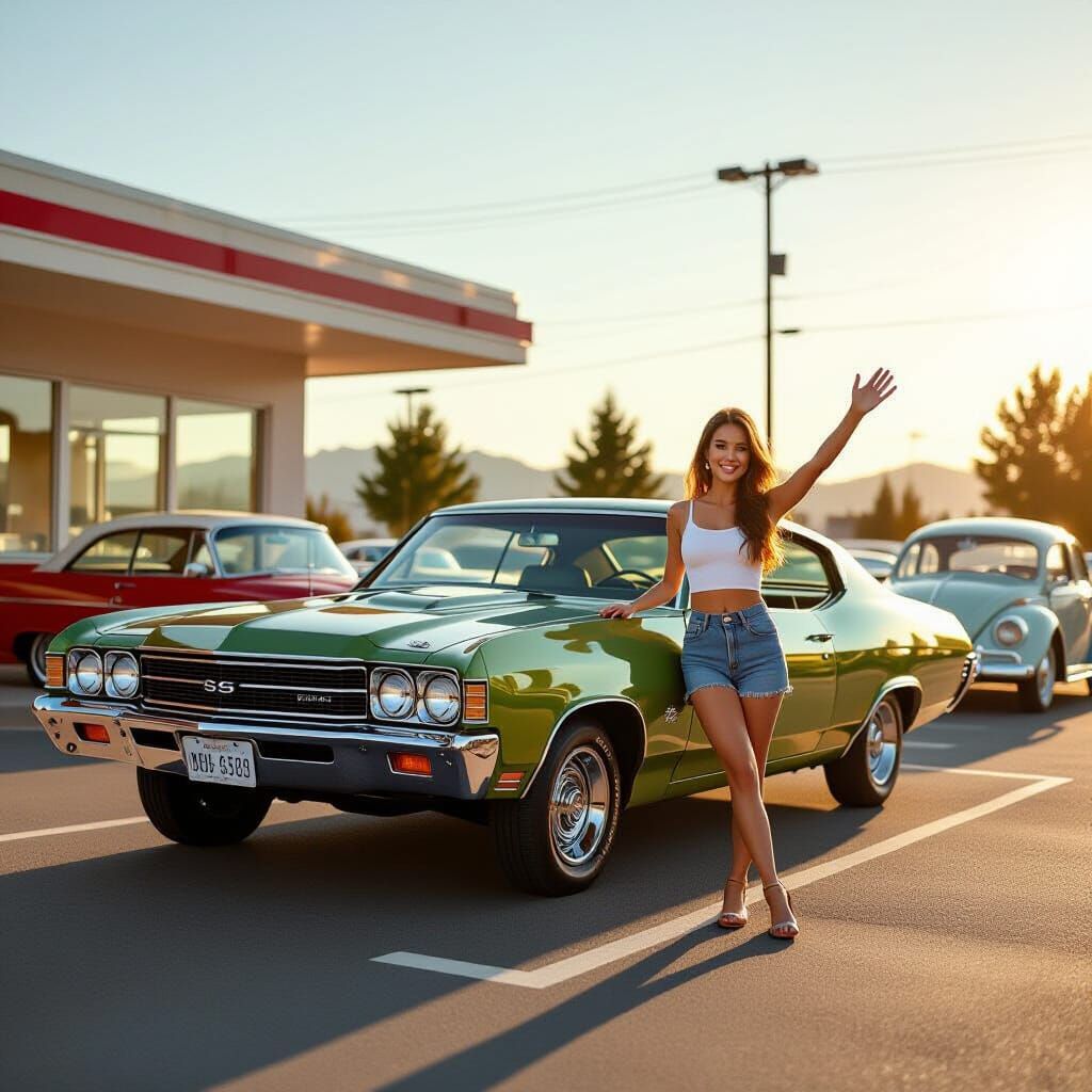 Woman Waves From Her 1971 Chevy Malibu at Diner