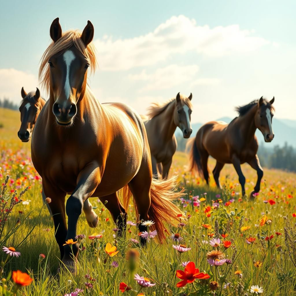 Wild Horses Roam in Sun-Drenched Flower Meadow
