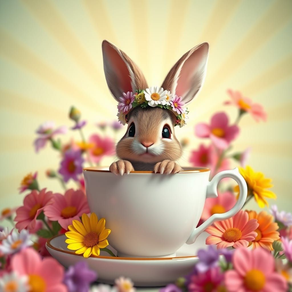 Bunny in Teacup with Wildflowers, Pixar-Inspired 3D Art
