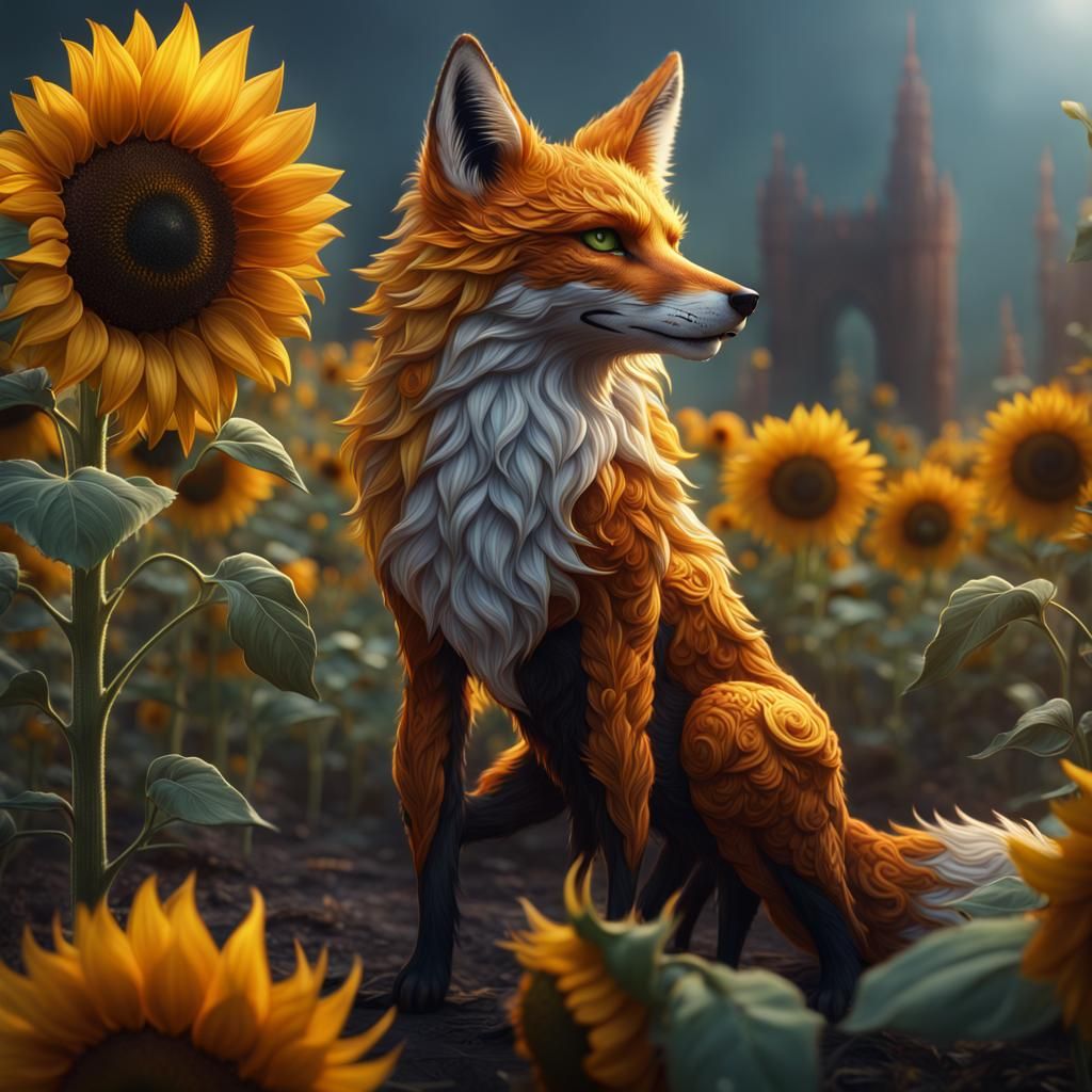 Fox in Sunflower Field: Fantasy Concept Art