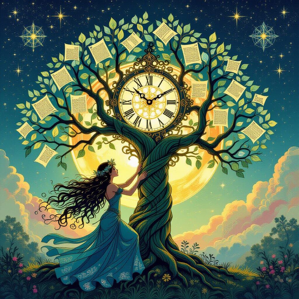 Mystical Dryad with Celestial Clockwork and Cosmic Dawn Tree