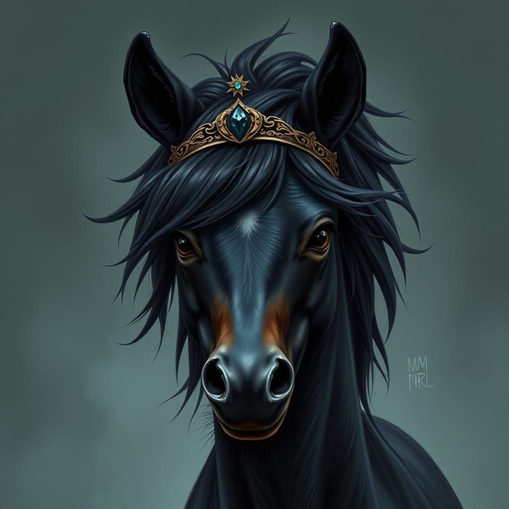 A SNEAKY, MANIPULATIVE PONY WITH A DARK COAT AND A CROWN ON HER HEAD
