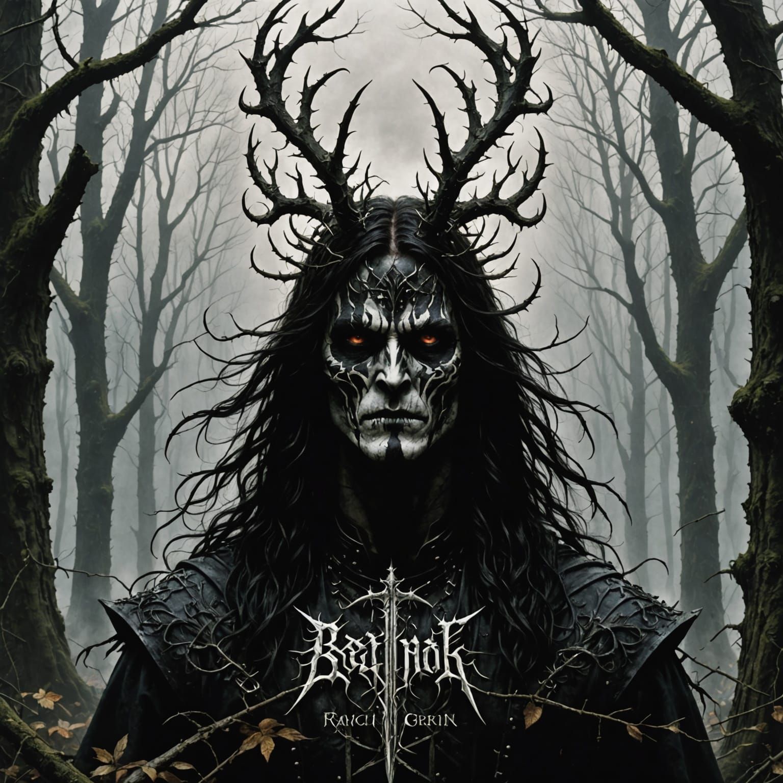 Ethereal Black Metal Album Cover with Branch-Like Typography
