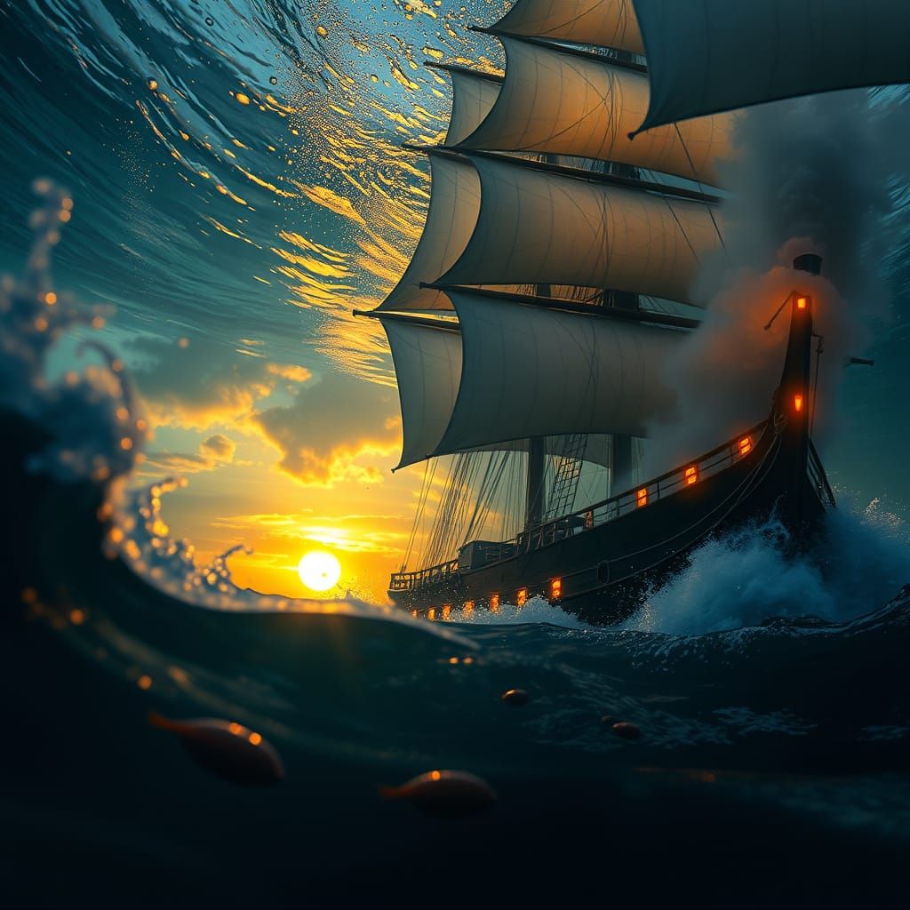 Cinematic Underwater Scene with Sailing Ship and Glowing Lig...