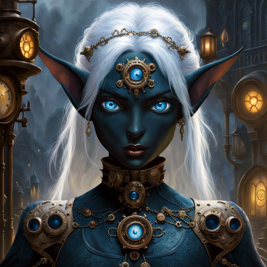 Steampunk Elf with Electric Blue Eyes in Ethereal Fantasy St...