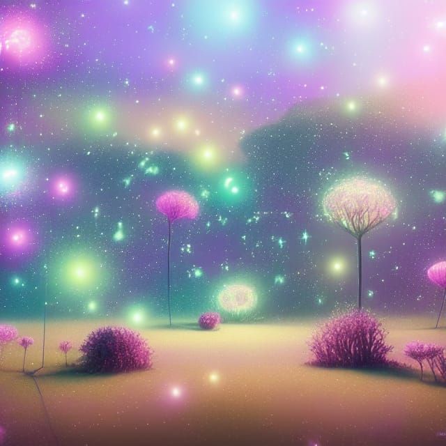 Pastel Alien Landscape with Floating Stars