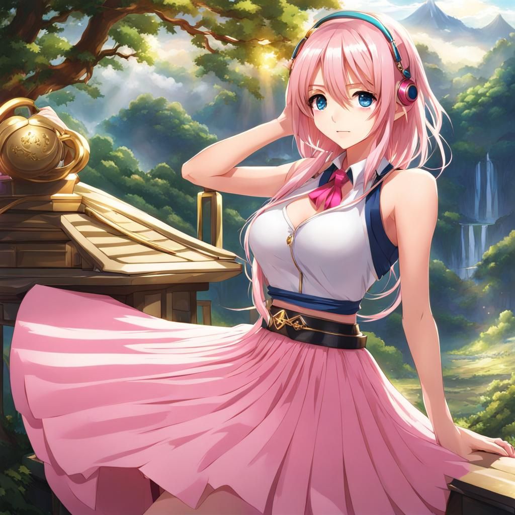 Anime Girl with Pink Skirt and Golden Hair
