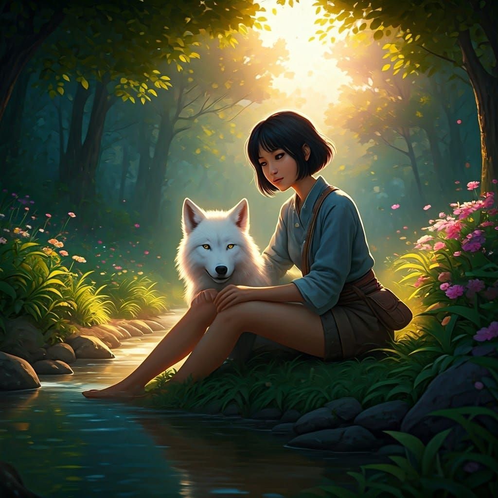Woman and Wolf in Forest, Miyazaki-Inspired Art