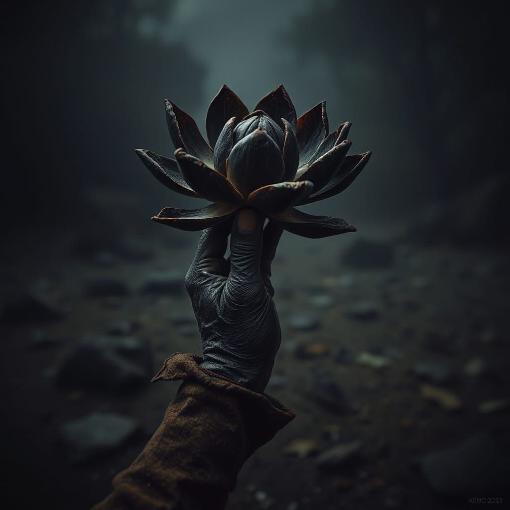 Withered Hand Holds Black Lotus in Dark, Muted Realism