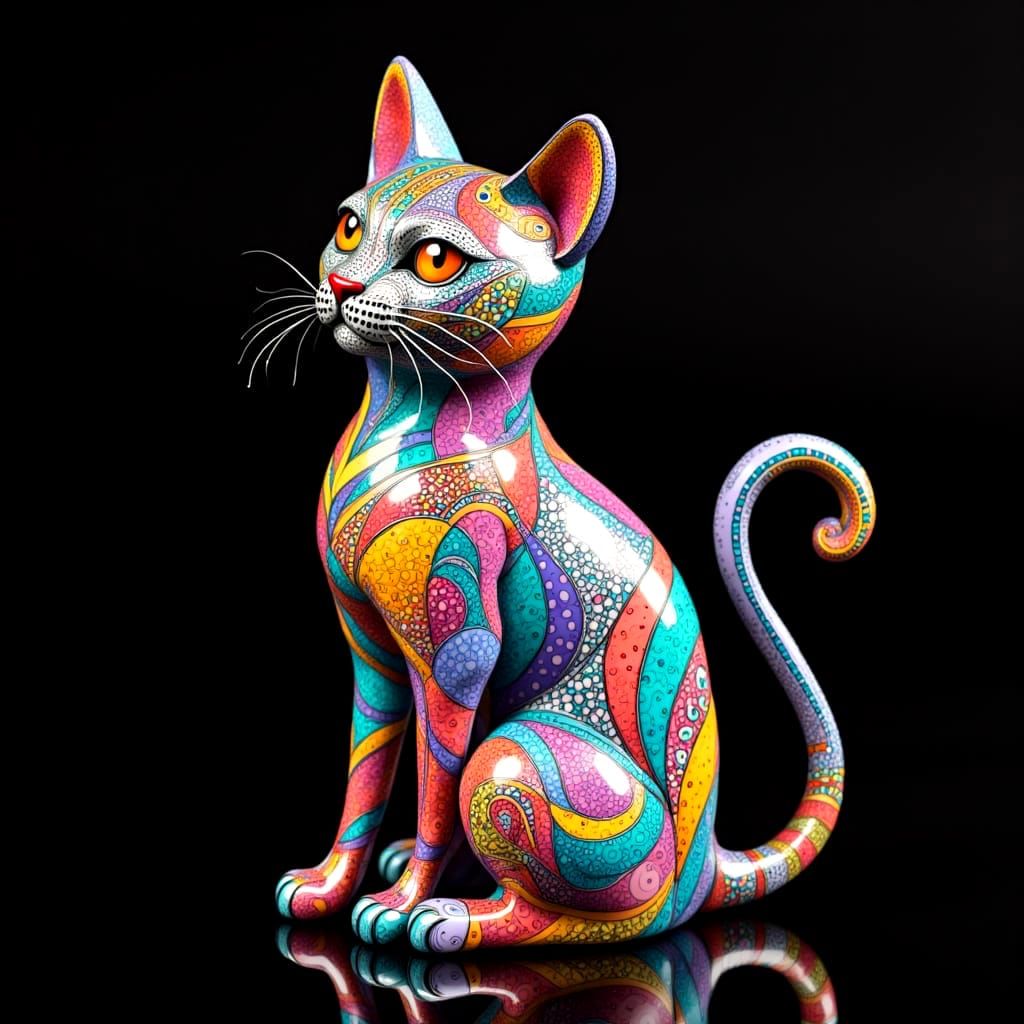 Whimsical Zentangle Cat Sculpture on Black Background