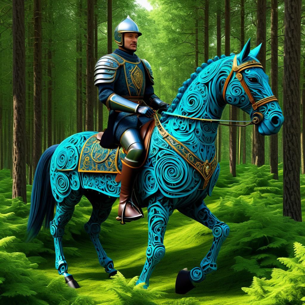 Medieval Nobleman on Robotic Horse in Forest