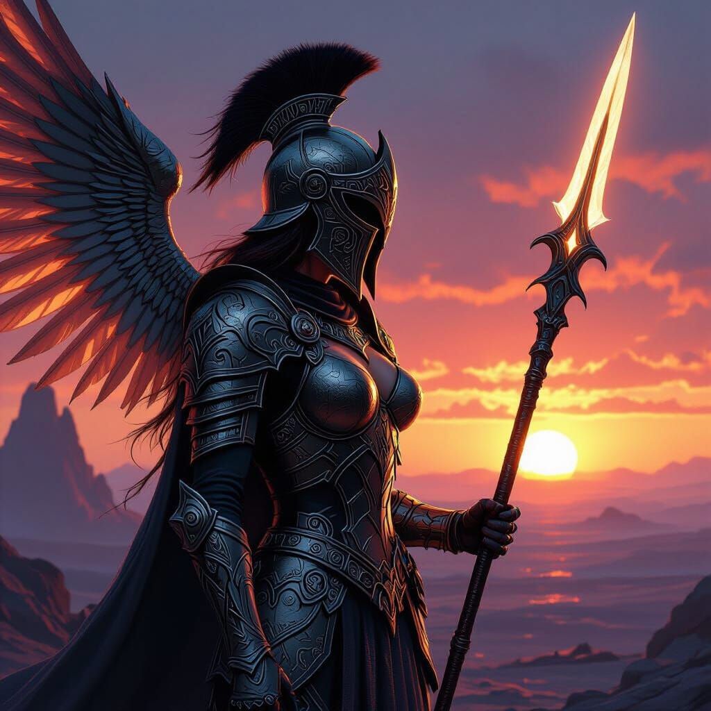 Valkyrie Silhouette on Alien World in Heroic Fantasy Style