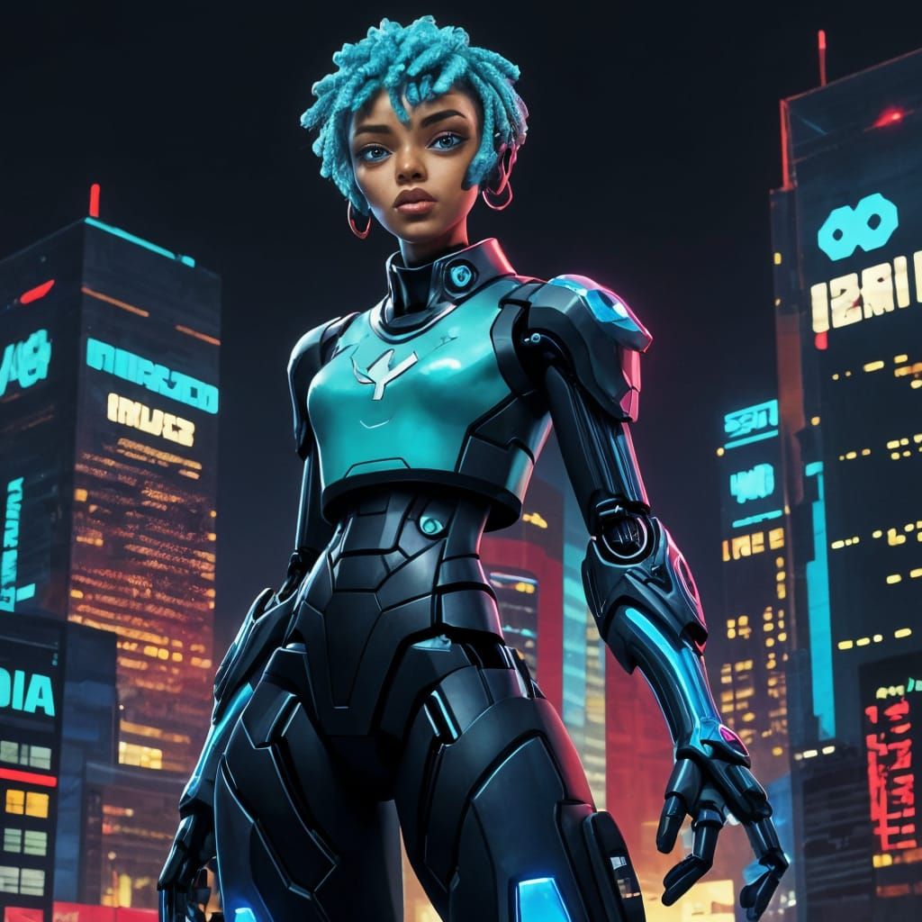 Cyberpunk Woman and Robot in Futuristic City