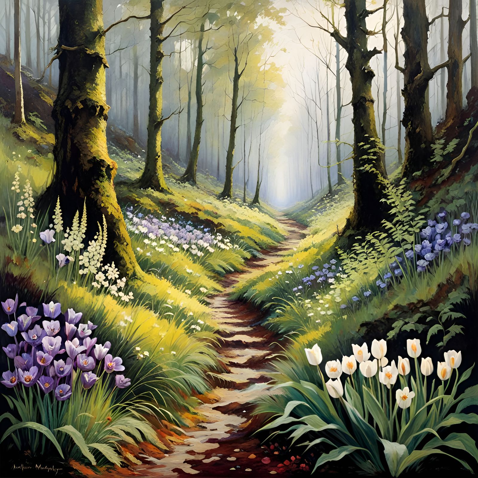 Mystic Forest Path with Spring Wildflowers
