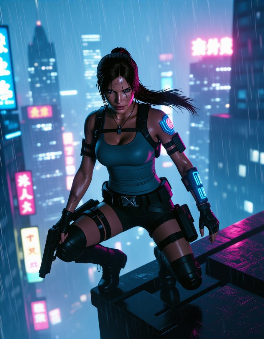 Cyberpunk Lara Croft on Futuristic Skyscraper