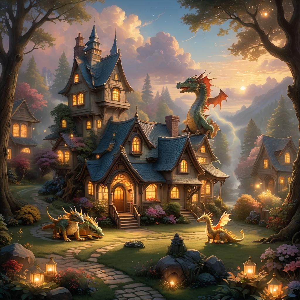 Fantasy House with Toy Dragon, Soft Pastel Art