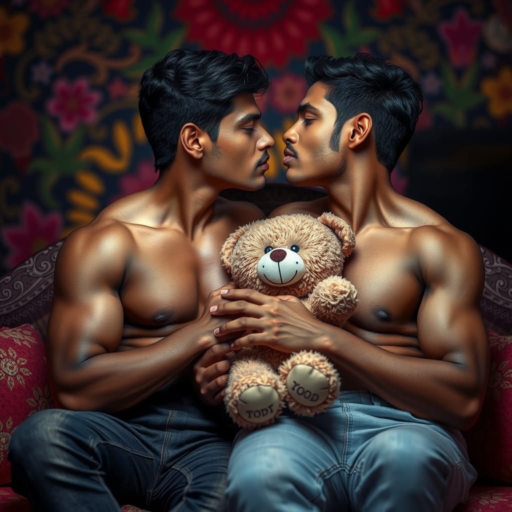 Intimate Moment: Two South Indian Men with Teddy Bears