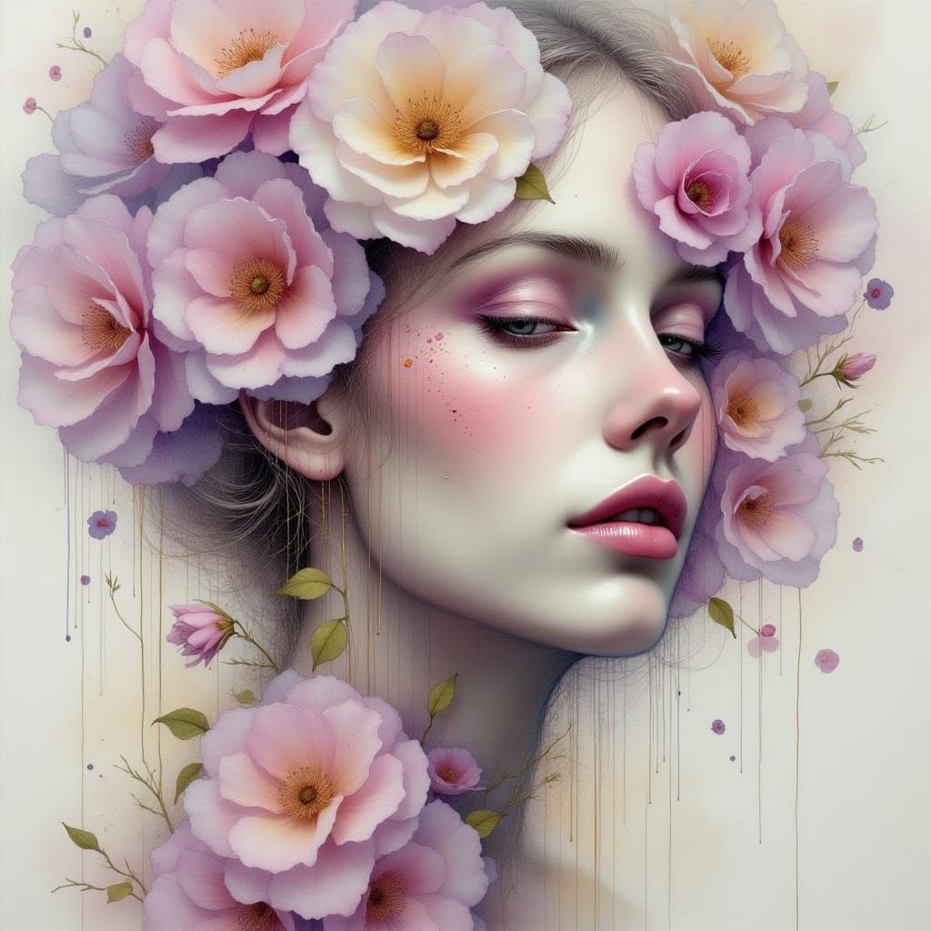 <lora:Ink Poet:1.0> A highly detailed surreal portrait of a woman, where the right side of her face is gracefully transf...