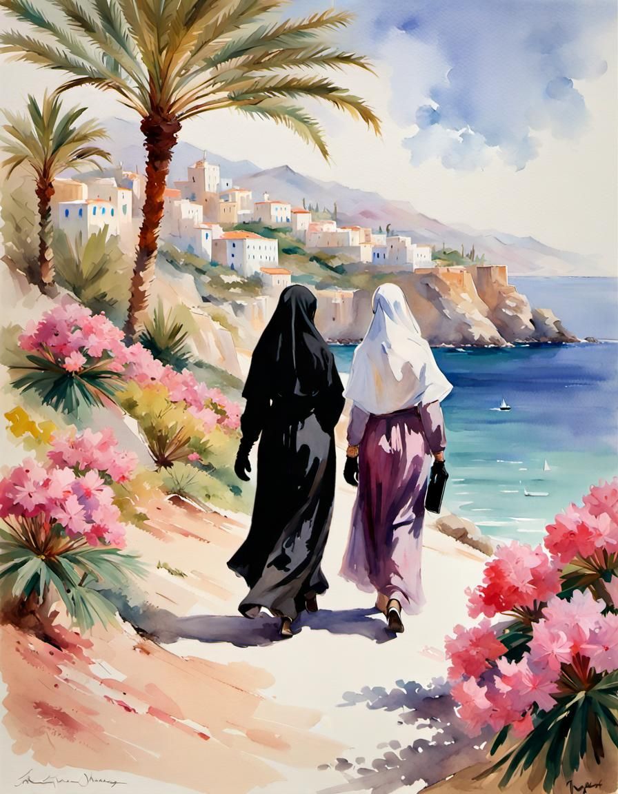 Niqabi Women in Mediterranean Watercolor Landscape