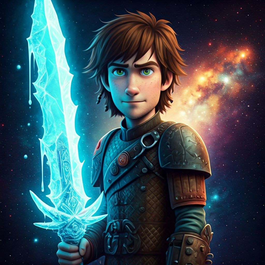 Futuristic Viking with Ice Blade in Starry Cosmos