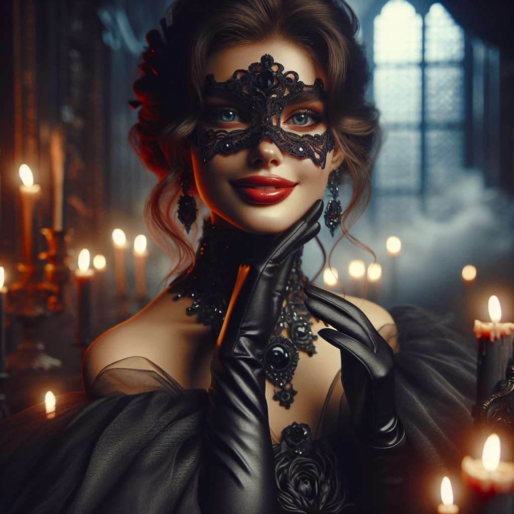 Mysterious Woman in Black Gown with Blue Eyes