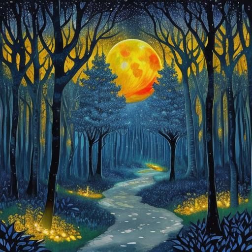 Moonlit Arabesque Forest in Alcohol Ink Style