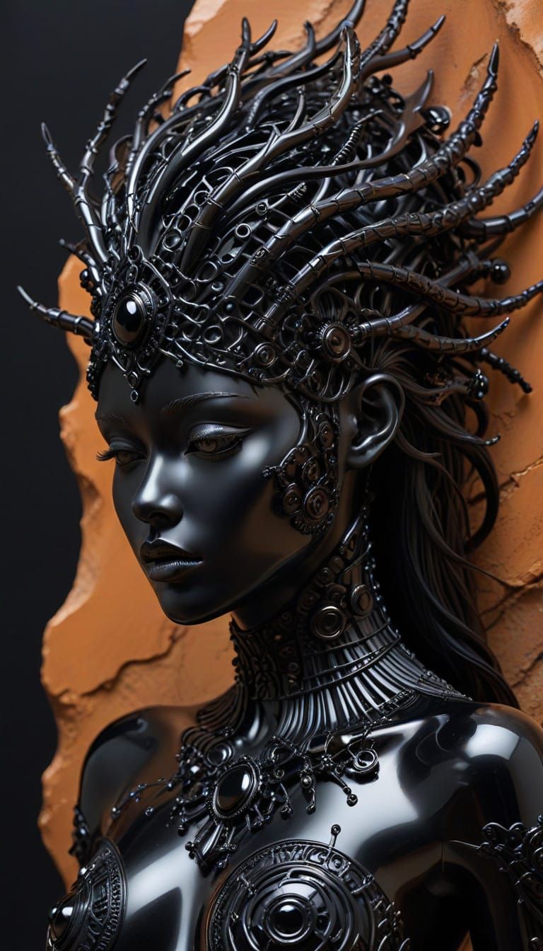 Surrealistic Goddess in Black Onyx with Biomechanical Accent...
