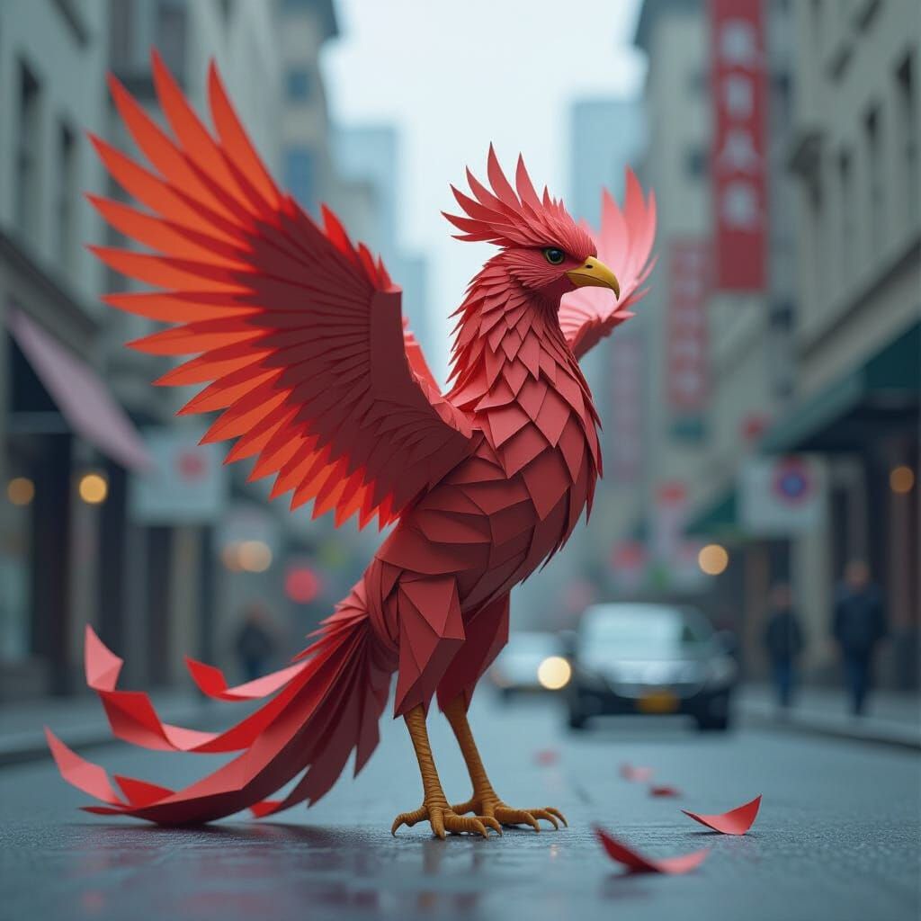 Origami Phoenix Battles in Cityscape: Hyper-Realistic Digita...