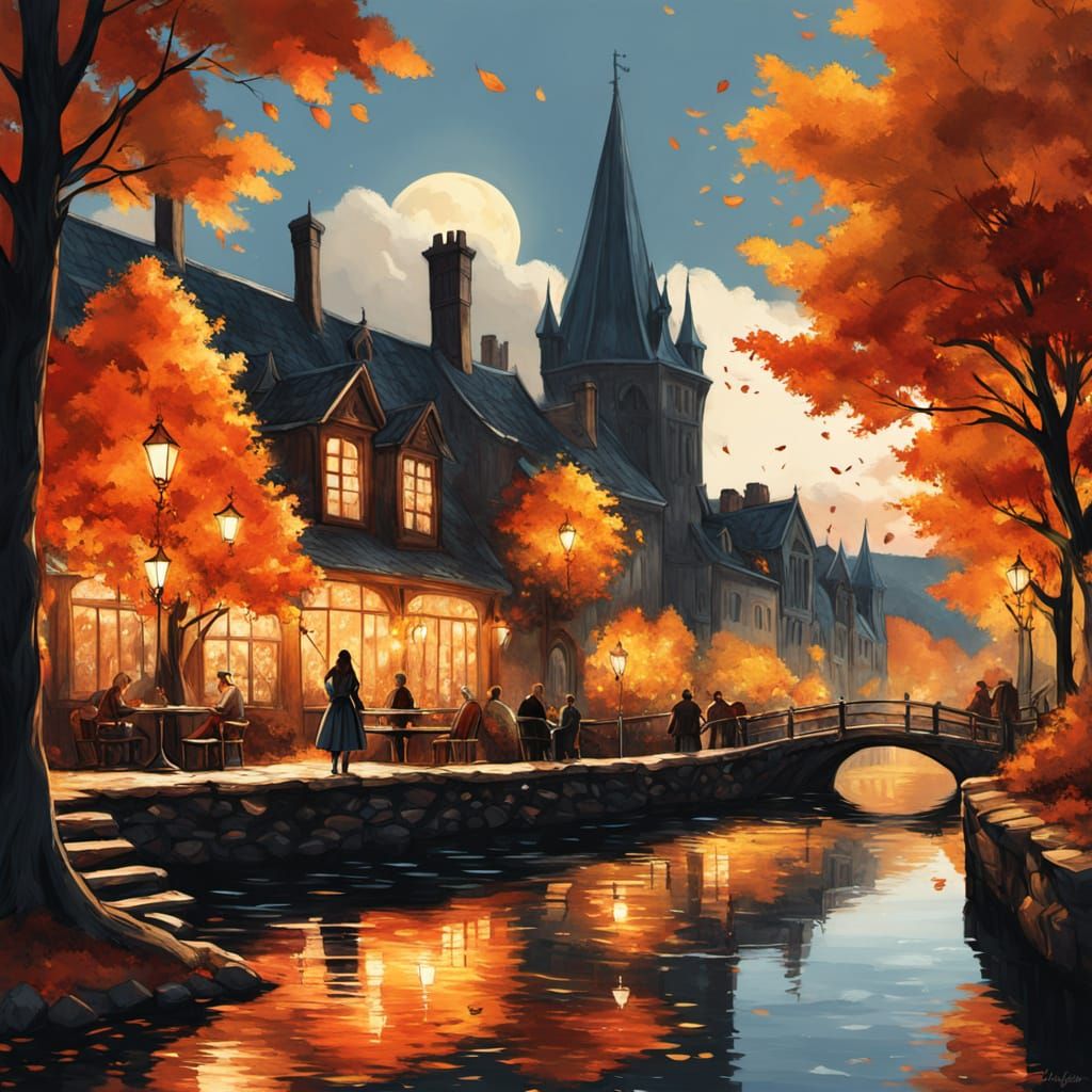 Cozy Cafe Scene with Knight and Woman in Autumn