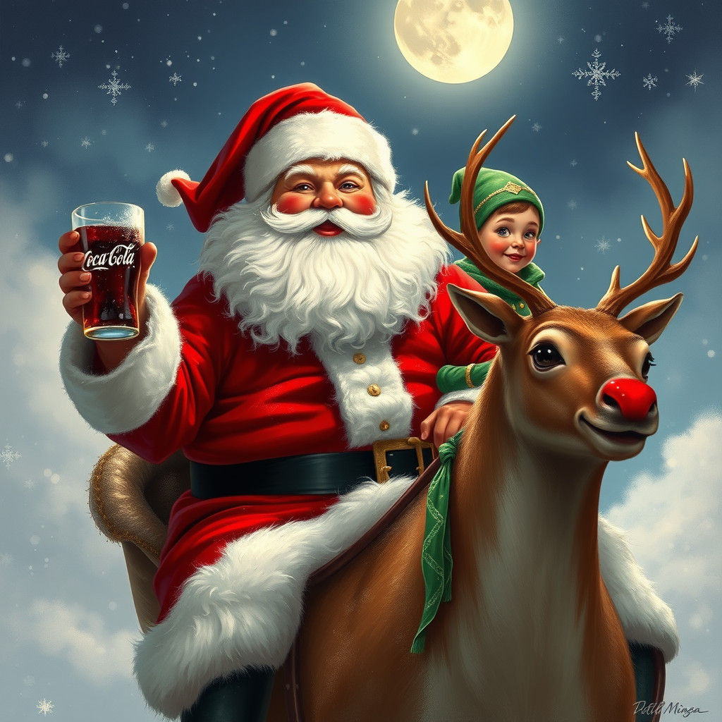 Jolly Santa Claus Riding Rudolph in a Winter Wonderland