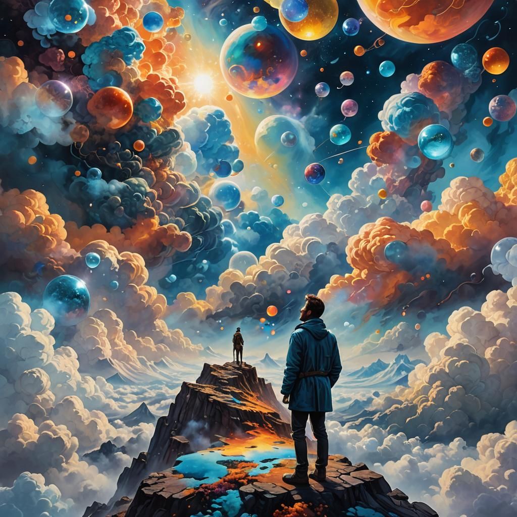 Man's Dreamlike Visions on Mountain Peak