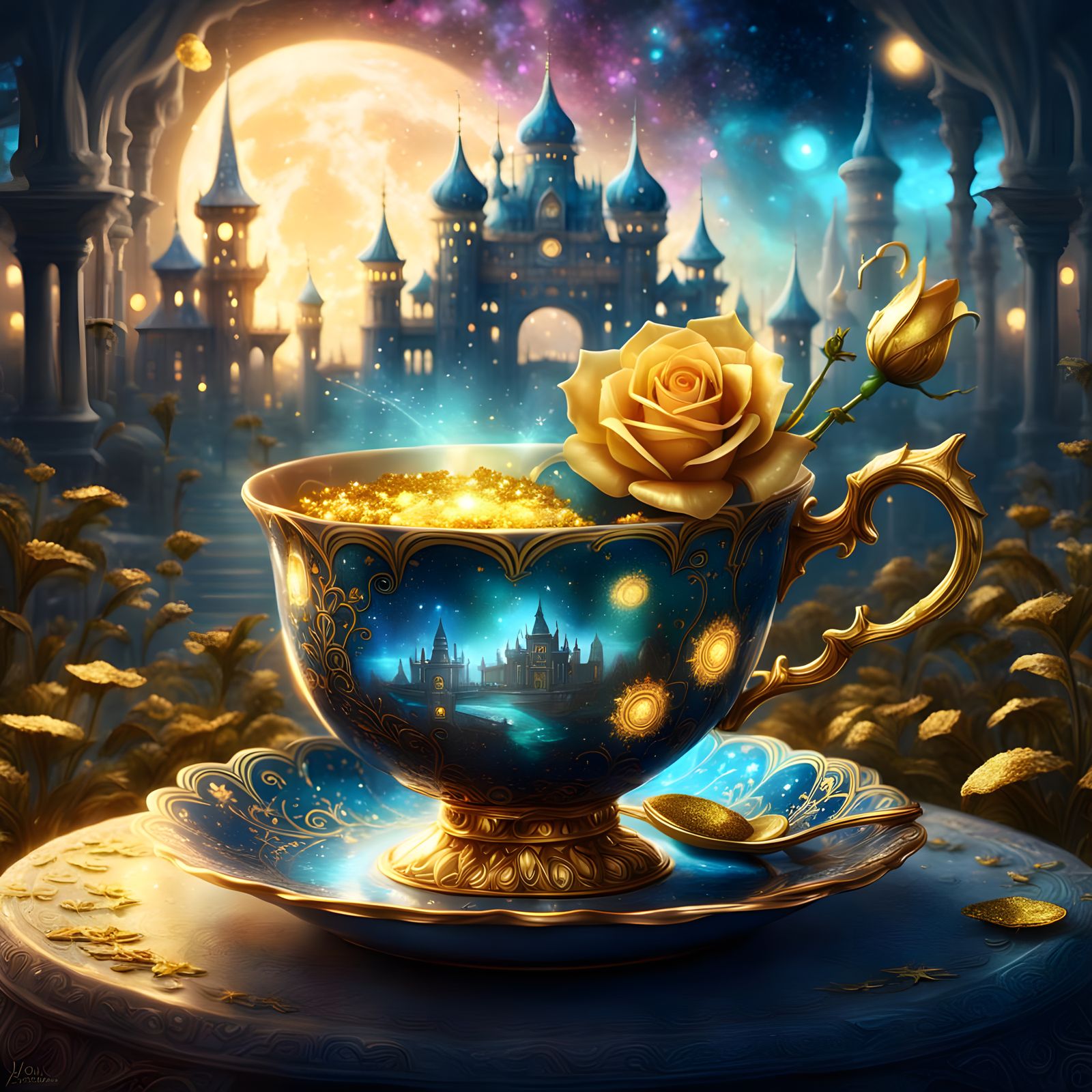 Glowing Teacup with Golden Rose, Digital Art