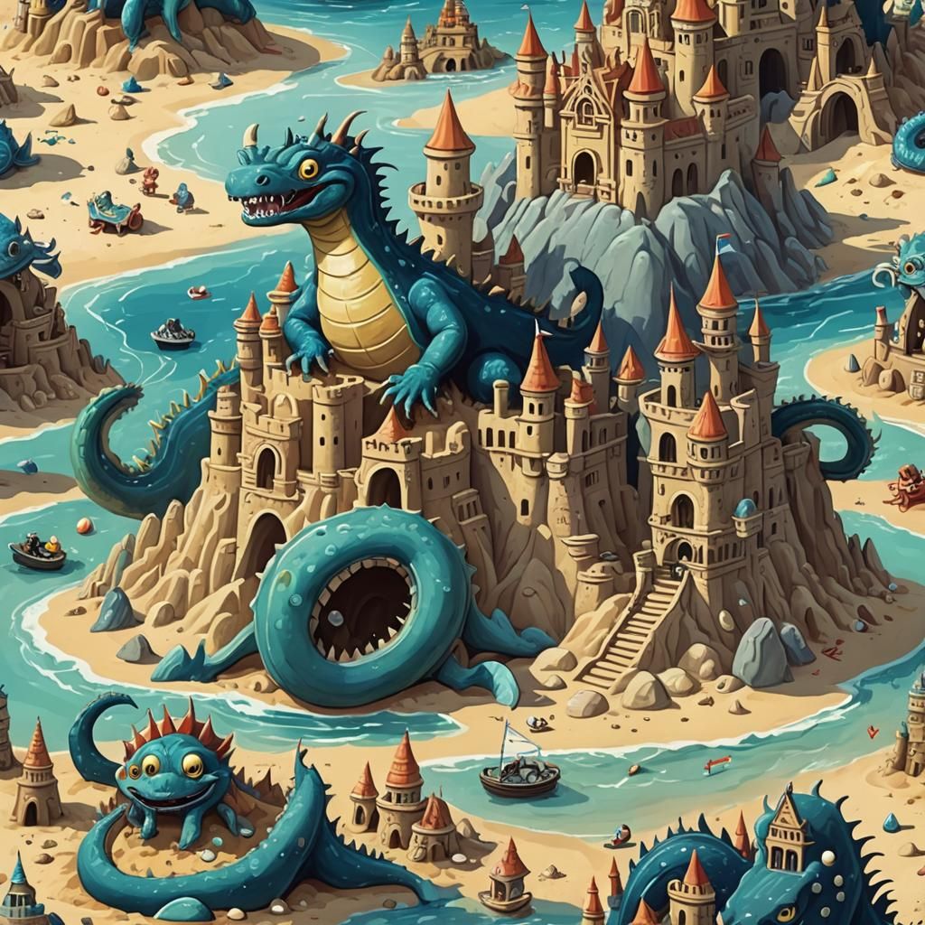 Cute Sea Monster Builds Sandcastle: Gouache Painting