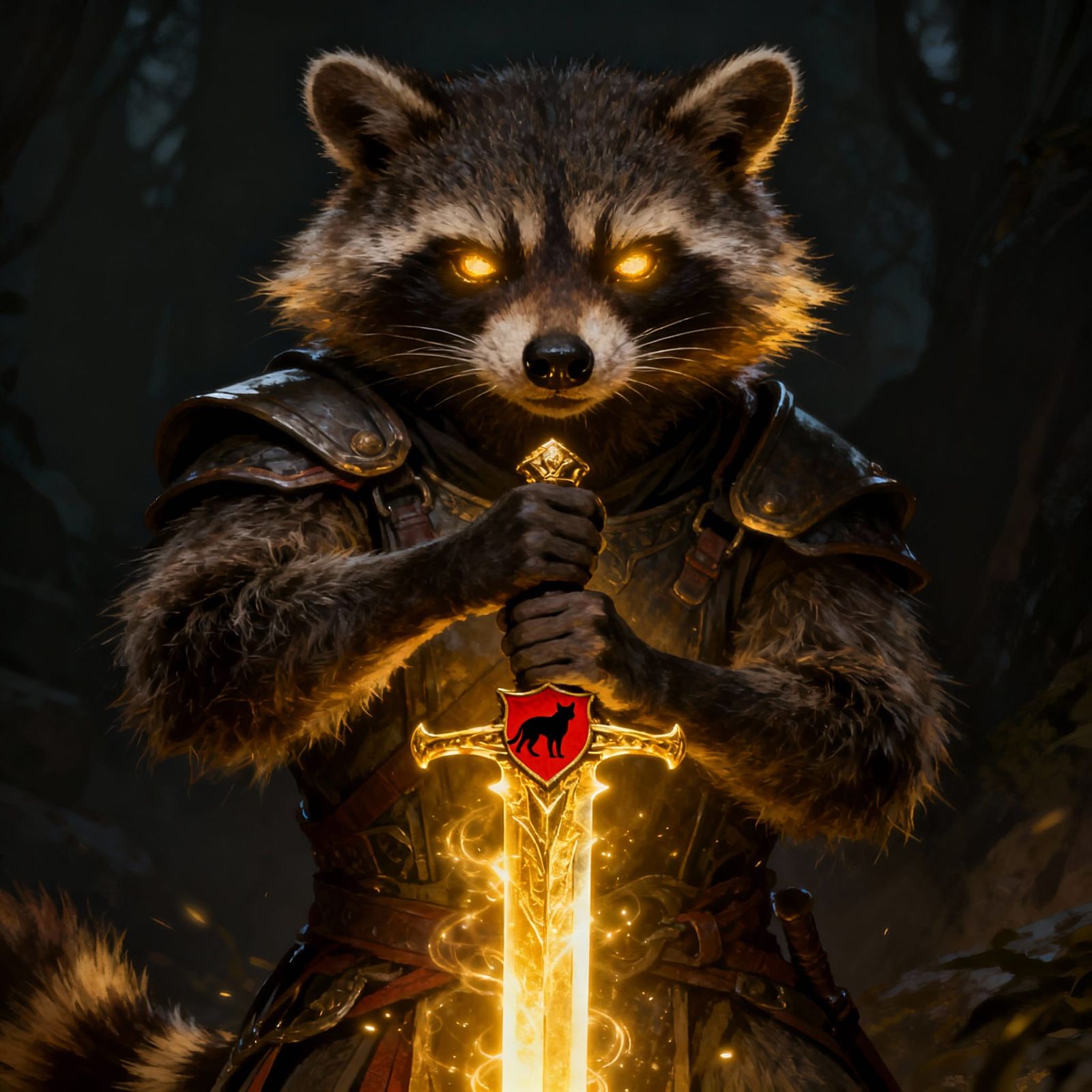 Fierce Raccoon Warrior Wields Glowing Golden Sword