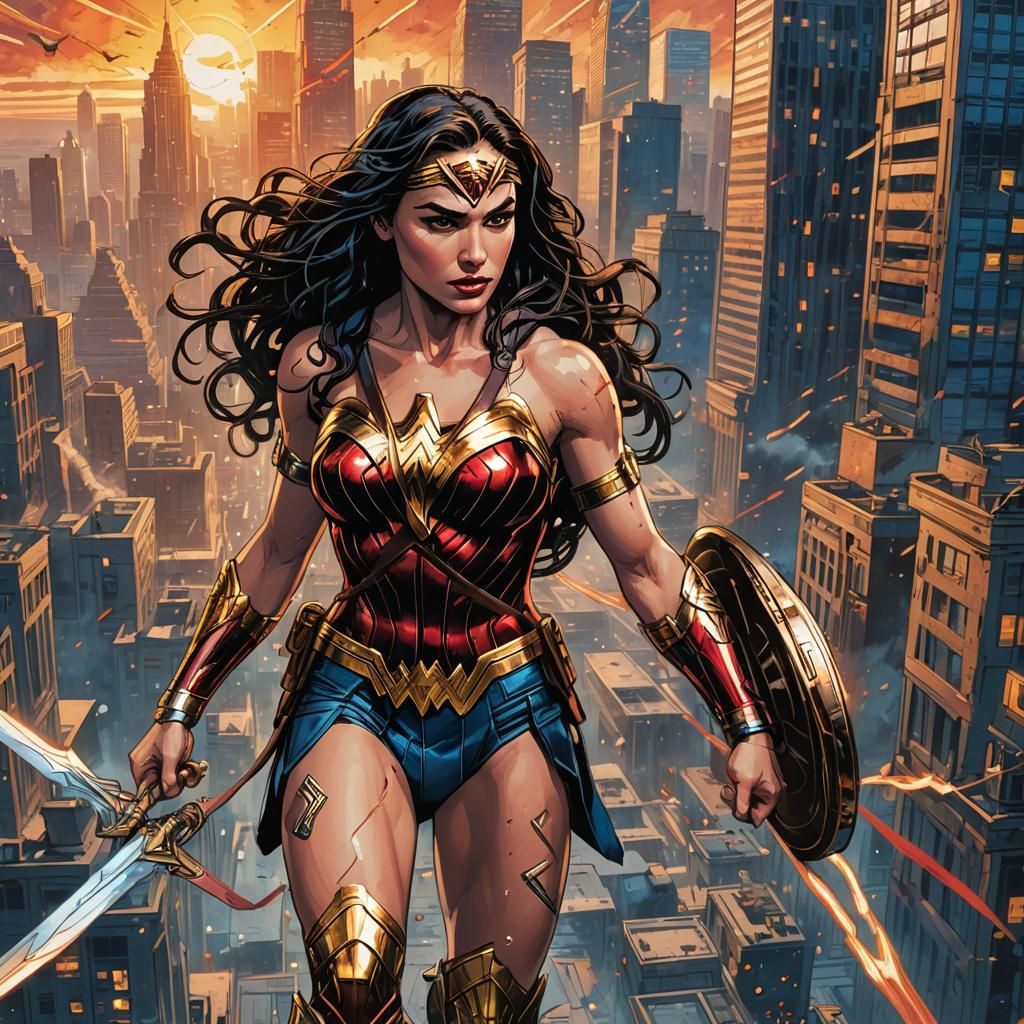 Wonder Woman in Cityscape: Comic Book Art