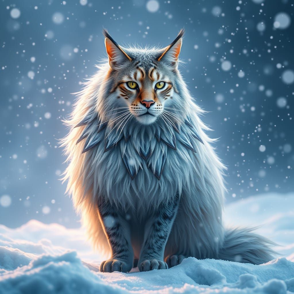 Majestic Feline in Icy Fur Coat Stands Resolute Against Bliz...